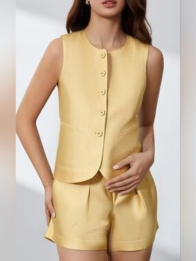 Sleeveless Yellow Button Front Vest and Shorts Set